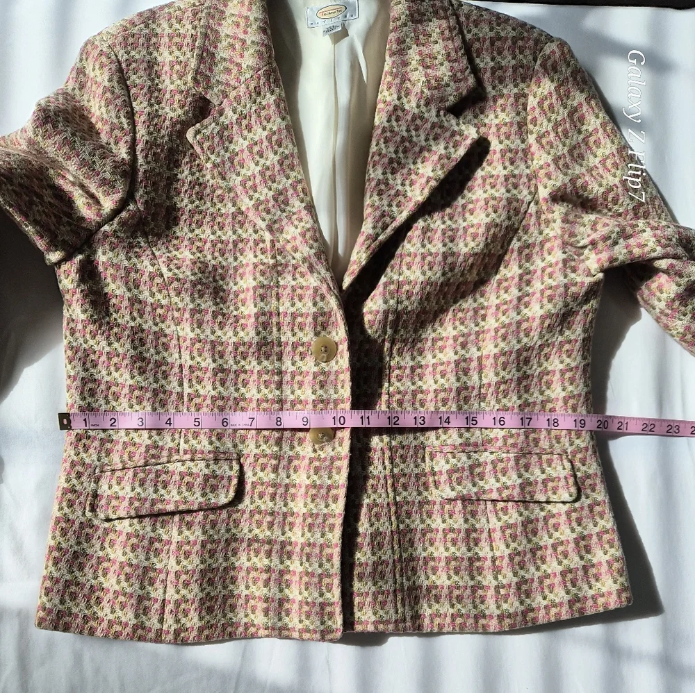 ​Vintage-Inspired Pink & Sage Green Textured Tweed Blazer - Single Button 14P - Picture 5 of 8